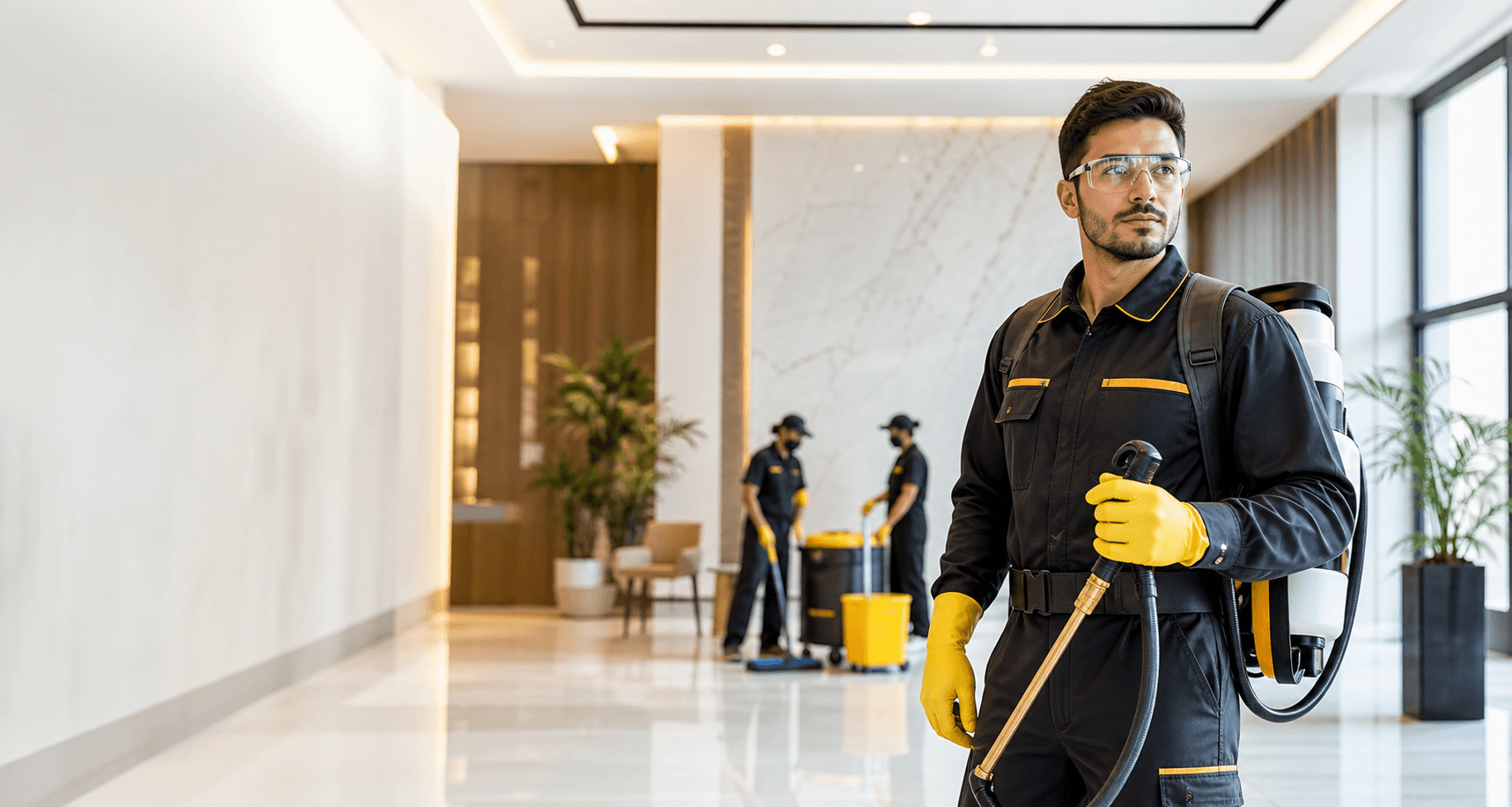 Técnico profissional preparando serviço de higienização e controle de pragas em ambiente corporativo