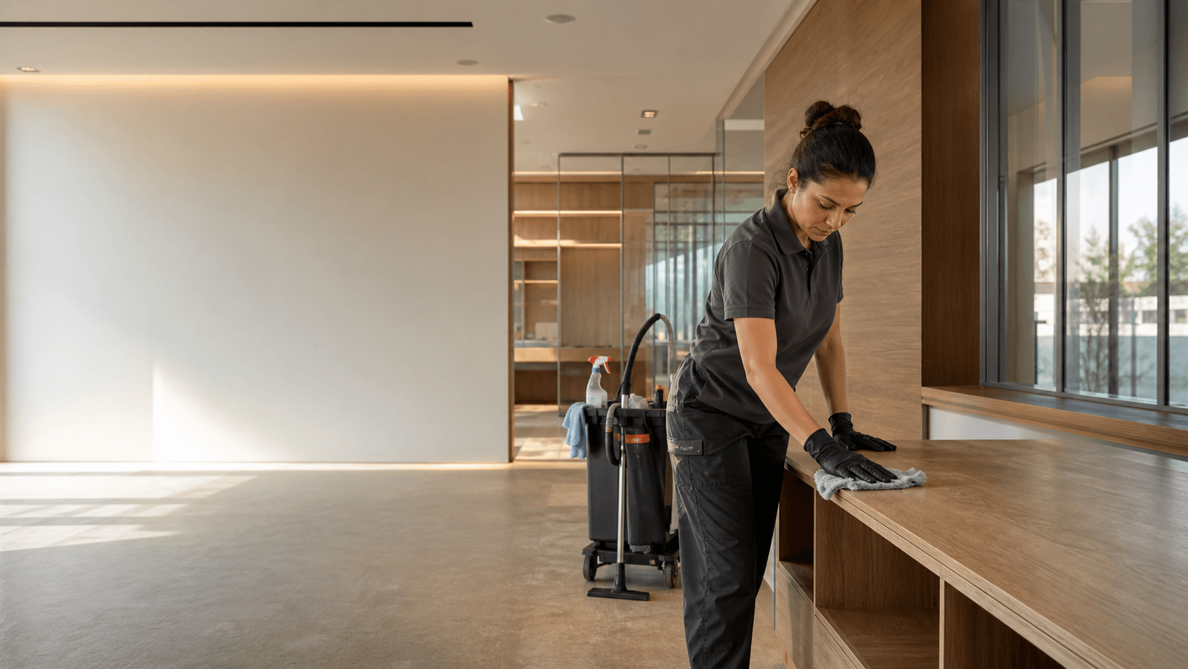 Profissional realizando limpeza técnica em ambiente interno