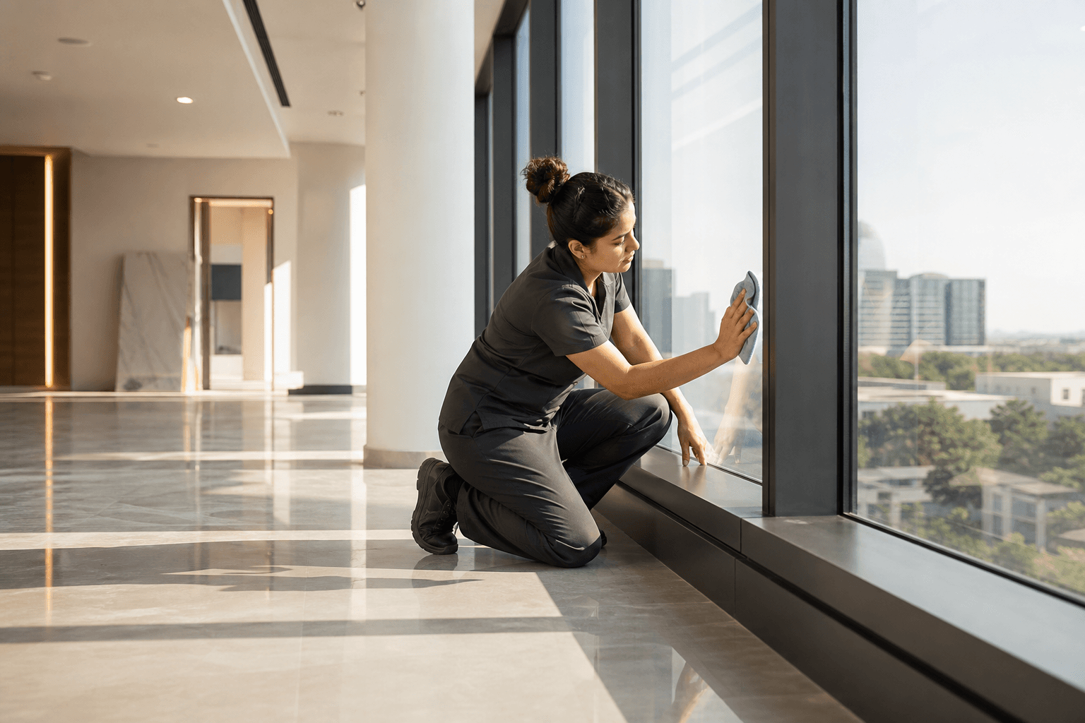Profissional realizando limpeza técnica em ambiente interno