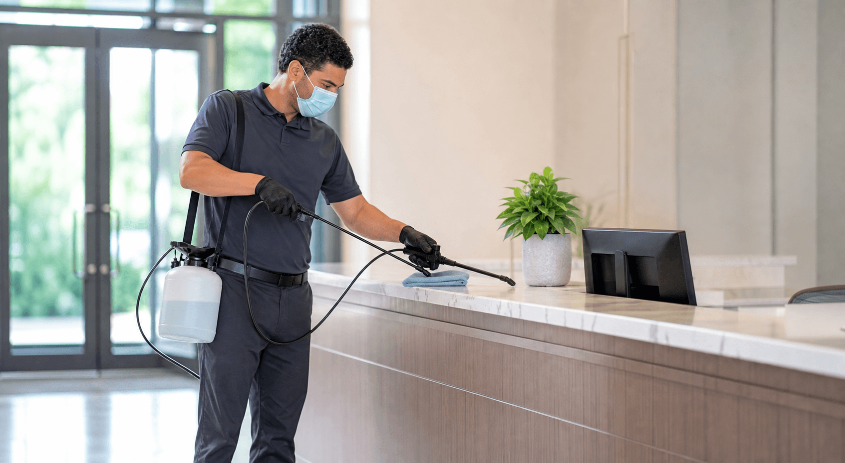 Profissional sanitizando balcão de recepção
