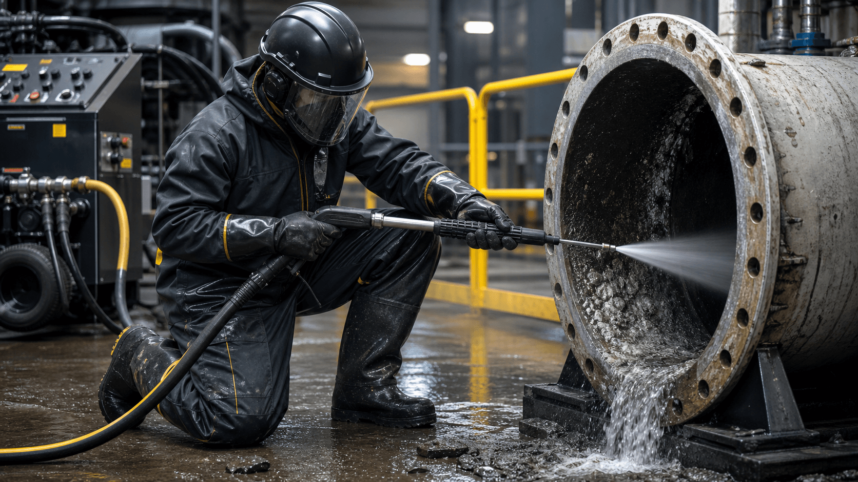 Profissional com EPIs realizando hidrojateamento industrial